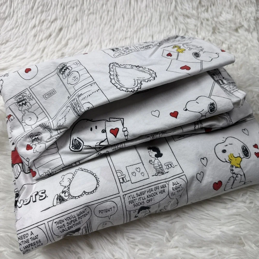Pottery Barn Kids Snoopy Peanuts Valentine King Flat Sheet Organic Hearts PBK